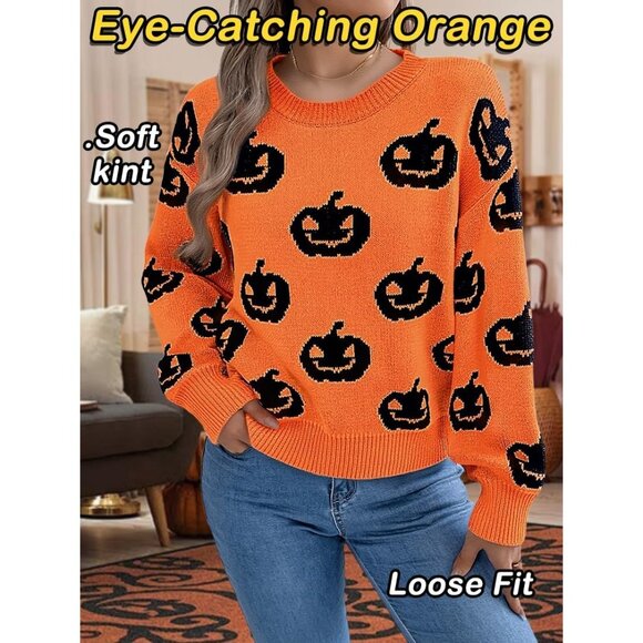 Strentiki Women Orange Pumpkin Halloween Long Sleeve Crew Neck Casual Sweaters - Picture 5 of 7